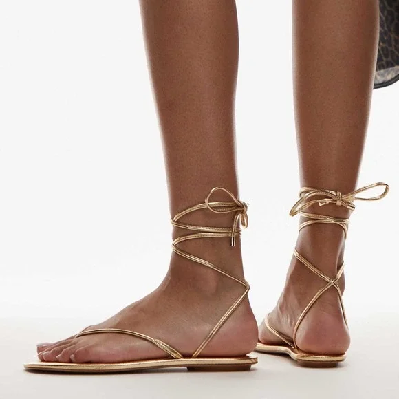 Mango MNG Womens Gold Metallic Wraparound Lace Up Flat Sandals Size 38 - Picture 1 of 14